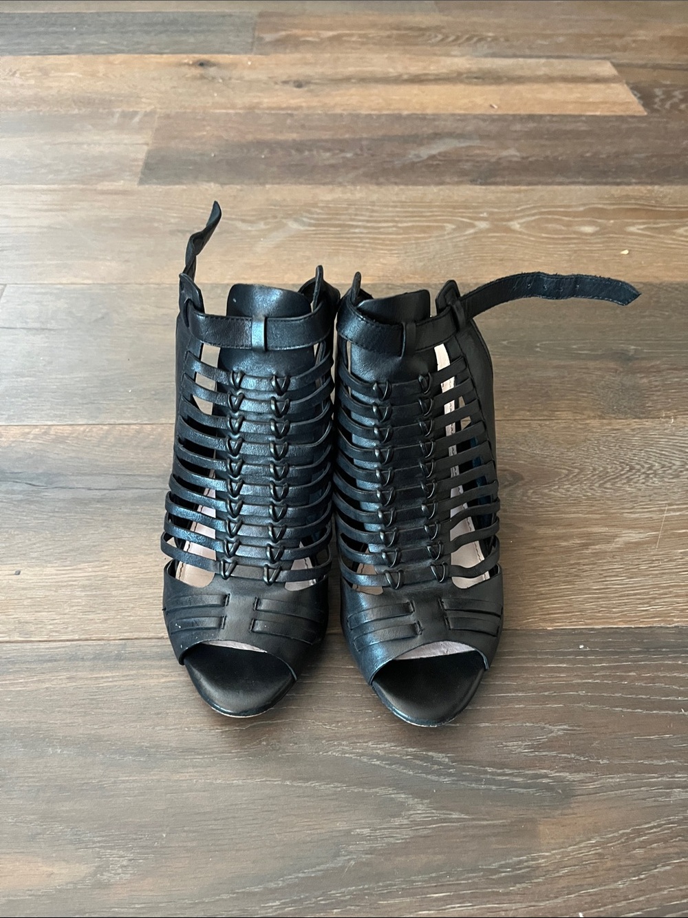 Vince Camuto Black Woven Caged Peep-Toe Heels